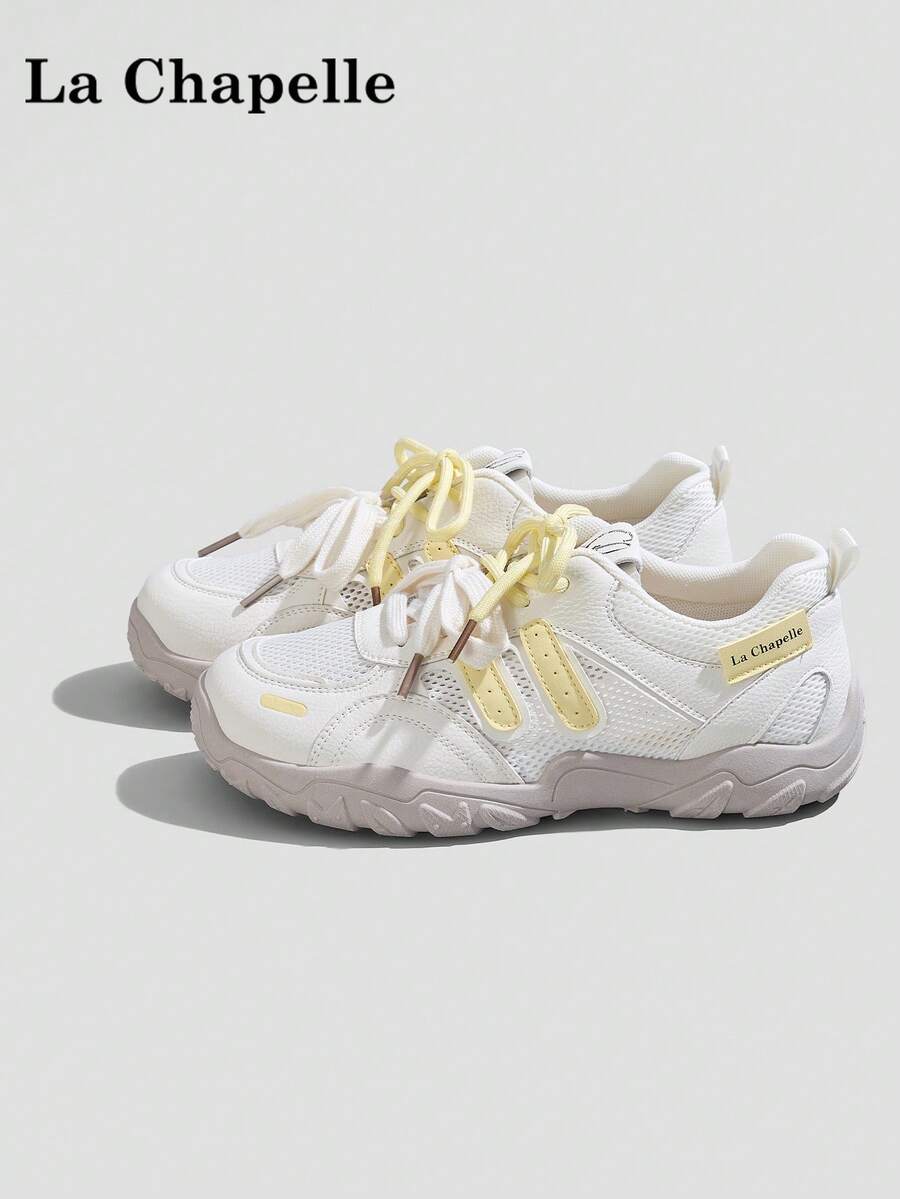 1 par de zapatillas casuales de suela gruesa con cordones para mujer La Chapelle, de punta redonda, tacón bajo plano, adecuadas para estudiantes, fotos de graduación, senderismo, zapatos de skate de suela blanda y de cuero de caña baja - Amarillo limón - Ver 1