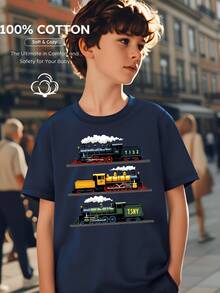 100% Cotton T-Shirt For Boys, With Vintage Steam Locomotive Design, Machine Washable, Suitable For All Seasons, Ideal For Outdoor Activities, Soft And Knitted, Comfortable And Breathable, With Cute And Interesting Designs. - 酒紅色 - 查看 2