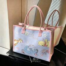 Miniso 迪士尼小熊维尼和朋友们手提袋，浅蓝色背景搭配粉色滚边，印有可爱图案，大容量多用途手提袋，适合购物、通勤、上学和旅行。 - 白色 - View 4