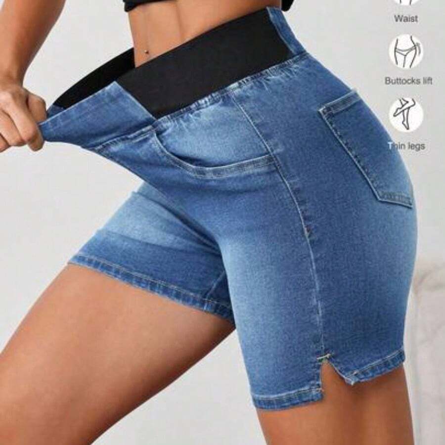 YijiaNvz  Tall Shorts vaqueros para mujer, shorts casuales elásticos y ajustados, shorts vaqueros azules para mujer, shorts vaqueros para mujer, shorts de verano para mujer, shorts vaqueros, shorts para mujer - Lavado ligero - Ver 1
