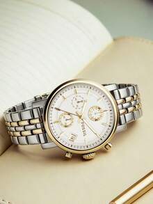 Fossil 金銀雙色不鏽鋼錶帶女款三眼碼錶石英腕錶，36mm圓形白色錶盤配金條刻度，日曆多功能時尚腕錶，優雅奢華配件，適合日常休閒、職場商務、購物、約會、晚宴派對、好友聚會及短途旅行，生日、母親節、情人節、聖誕節、結婚週年紀念的高端禮物，可送給女友、妻子、母親、好朋友，型號：ES3746 - 白色 - 查看 2