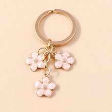 1pc Cute Enamel Three Flower Keychain, Sweet Gold Tone Alloy Floral Pendant Key Ring, Aesthetic Bag Charm For Purse, Backpack & Earbuds Case, Girly Car Key Accessories Gift - A - View 7