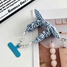 1pc Bow Tie Phone Lanyard With Elastic Strap, Plaid Ruffle Fabric Wrist Strap, Cute Double Buckle Short Hanging Accessory, Camera Strap, Keychain, Phone Case Strap With Pad - Multicolor - View 4