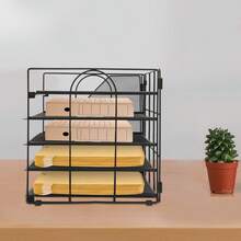 Black 5-Tier SPCC Metal Desk File Organizer, Plastic Spraying Mesh Design Tabletop Document Storage Rack With Side File Compartment Anti-Slip Pad, Lightweight Easy Assembly Paper Magazine Stationery Holder For Office Home Study Classroom - A - View 9