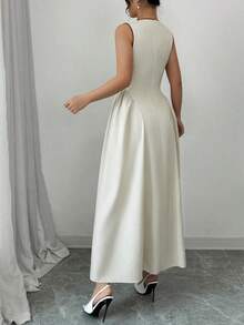 Nuevo vestido de mujer con cuello calado, bloqueo de color, cintura anudada, pliegues laterales, sin mangas, textura plisada, cremallera en la espalda, de moda, juvenil, elegante, versátil, que estiliza la cintura, apto para primavera/verano/otoño/invierno - Azul marino - Ver 10