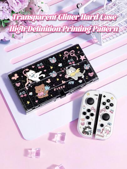 1pc Cute Cartoon Cat Pattern Transparent Glitter Protective Case, Compatible With Nintendo Switch 2 (2025) / Switch OLED Console And Joy-Con Controllers, Best Gift For Switch Gamers