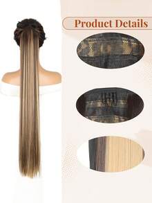 European And American Style 34 Inch Long Straight Ponytail Hair Extension With Bow Tie,Clips For Hair - Multicolor - View 3