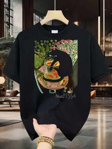 Men's Cotton T-Shirt Inspired By Matisse, Black Cat And Goldfish Print, Pure Cotton, Premium Print, Durable, Casual Fashion - 黑色 - 查看 1