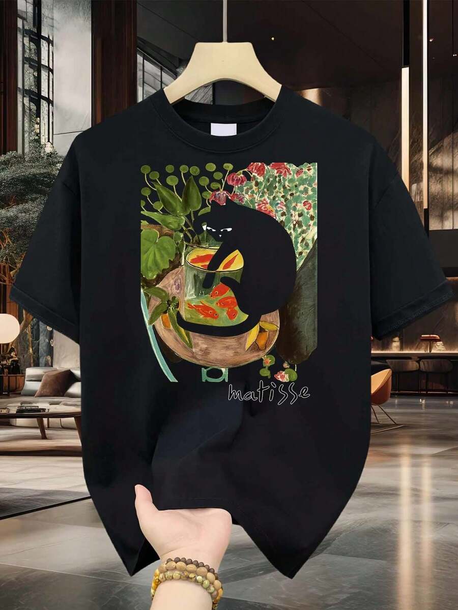 Men's Cotton T-Shirt Inspired By Matisse, Black Cat And Goldfish Print, Pure Cotton, Premium Print, Durable, Casual Fashion - 黑色 - 查看 1
