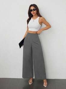PETITE Pantalones anchos de cintura alta con textura, moda casual sencilla para la temporada de vuelta al colegio, estilo de dinero viejo para ir y venir - Gris Oscuro - Ver 5