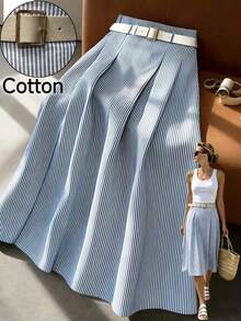 Falda con cinturón de cuero a rayas azul y blanco de algodón y lino - Marrón - Ver 7