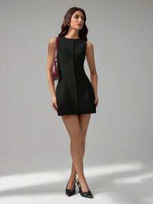 Women's Tall Sleeveless Button Front Mini Dress - Black - View 4