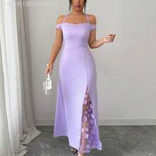 MewMuse. Vestido elegante de mujer con hombros descubiertos, silueta ajustada con paneles laterales con ribete de encaje y abertura hasta el muslo, adecuado para fiestas de noche, citas, eventos sociales ligeros y salidas casuales - Morado - Ver 4
