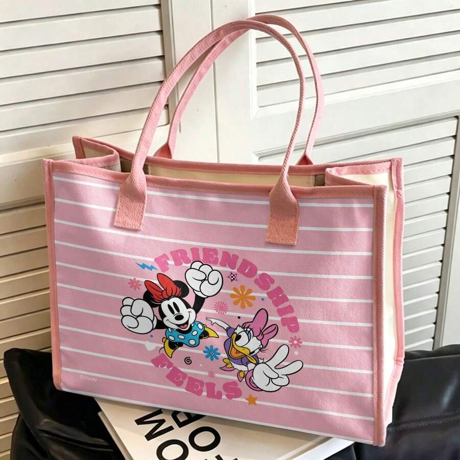 Miniso Túi tote Disney Minnie Mouse & Daisy Duck, họa tiết dễ thương trên nền sọc hồng với viền hồng, túi tote đa năng dung tích lớn dùng cho mua sắm, đi làm, đi học & du lịch - Hồng - Xem 1