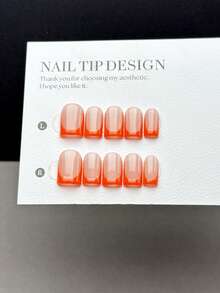 10 Pieces Of Handmade Nails, Short Square Shaped Press-On Fake Nails, Simple And Classic Style, Smooth And Glossy Nails, Nude Base With Orange French Nails, It Is A Manicure Product Suitable For Women And Girls To Wear Every Day, With A Nail Set - Multicolor - View 3