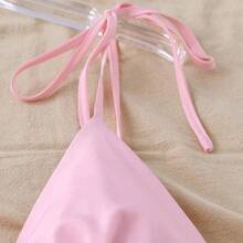 Everyssa Vestido de mujer de unicolor con cuello en V, tirantes con lazo, sin mangas y con volantes en el bajo - Rosa - Ver 7
