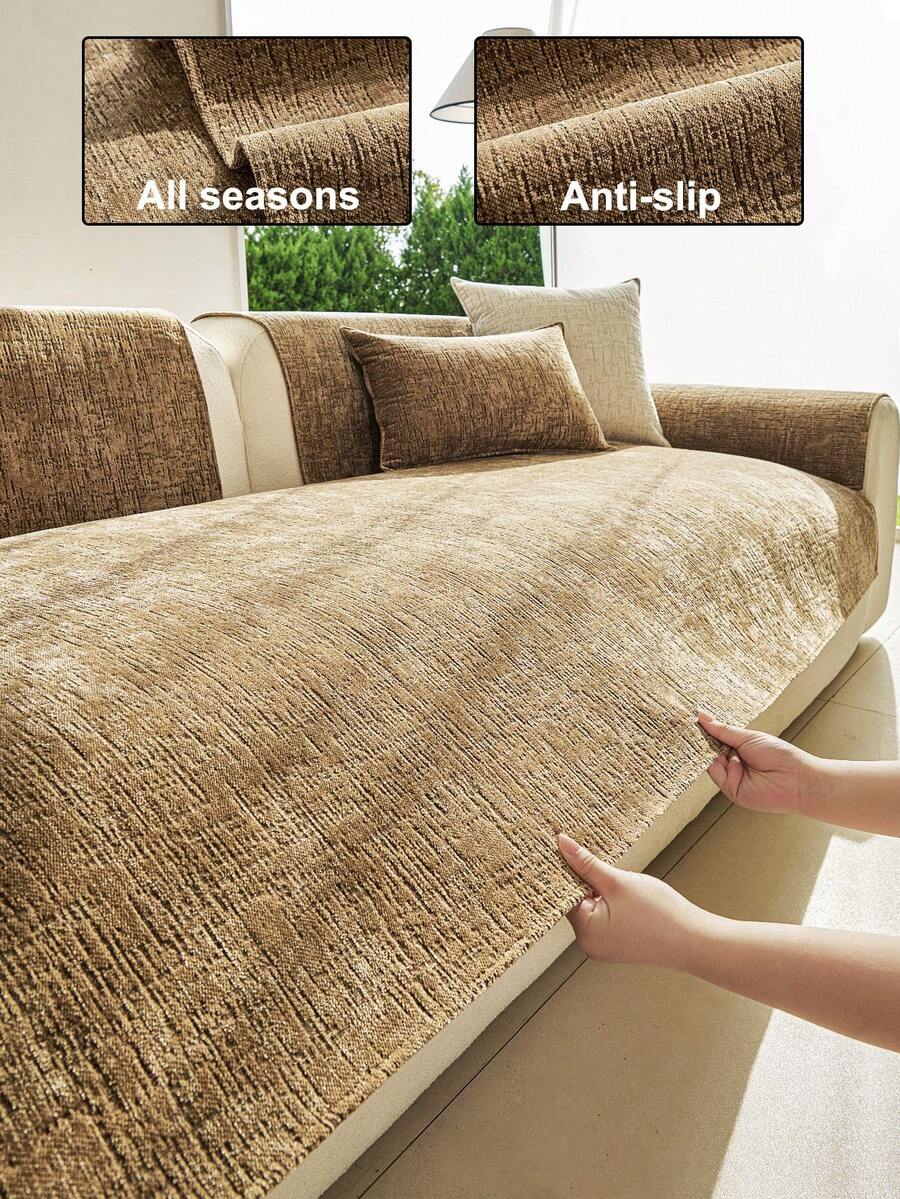 1pc Solid Color Chenille Sofa Cover, Ins Style Sofa Cushion, High Density Thickened Design For All Seasons, Sofa Protector Anti-Slip Anti-Scratch For Living Room Bedroom Study, Fits 1/2/3/4 Seater Sofa With Armrest & Backrest - Khaki - View 1