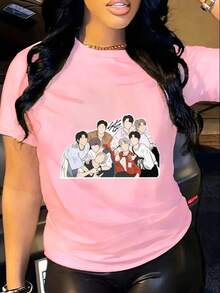 Group Portrait Design In Cartoon Style. Digital Print. Short Sleeves. Unisex. Pure Cotton. Loose And Comfortable. - 粉色 - 查看 6