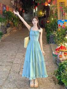 French Elegant Mint Green Camisole Dress Women's Summer New Arrival Gentle Style Design Waist Accent Slimming A-Line Long Length - 薄荷綠 - 查看 7