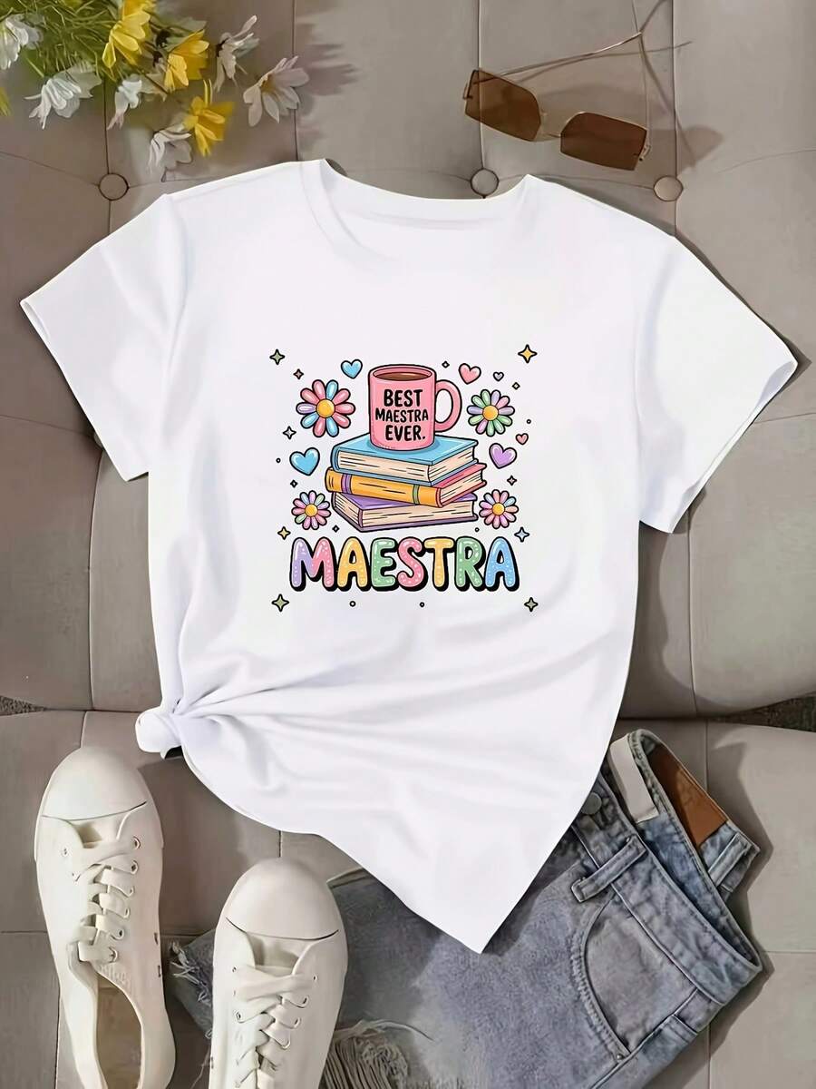 Camiseta blanca de mujer 100% algodón con cuello redondo y estampado de profesora, motivo vibrante de café, libro y flores, regalo ideal para la escuela y uso diario