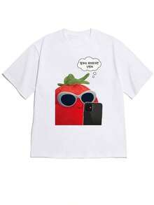 One Piece Of Short-Sleeved, Off-The-Shoulder T-Shirt For Spring/Summer, Featuring A Quirky And Fun Design With A Plush Tomato Character Wearing Sunglasses (Holding A Cell Phone) And Korean Speech Bubbles. This White Short-Sleeved T-Shirt Is Comfortable And Soft Against The Skin, Perfect For Everyday Wear For Those Who Love Original And Fun Styles. Casual Fit, 180g, 100% Cotton - 白色 - 查看 1