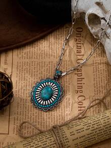 1/6Pcs Western Turquoise Pendant Necklaces Set - Cowboy, Horseshoe & Checked Charm Necklace - Retro Western Jewelry(Unique Western & Turquoise Pendants, Adjustable Chain Styles, Vintage Southwestern Aesthetic) - Multicolor - View 2