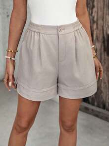Pantalones cortos sólidos casuales y holgados con bolsillos, pantalones cortos cómodos, pantalones cortos casuales, pantalones cortos para todos los días, pantalones cortos para mujer, pantalones cortos de cintura alta, pantalones cortos plisados, pantalones cortos para mujer, pantalones cortos cómodos de longitud media para mujer - Caqui - Ver 3