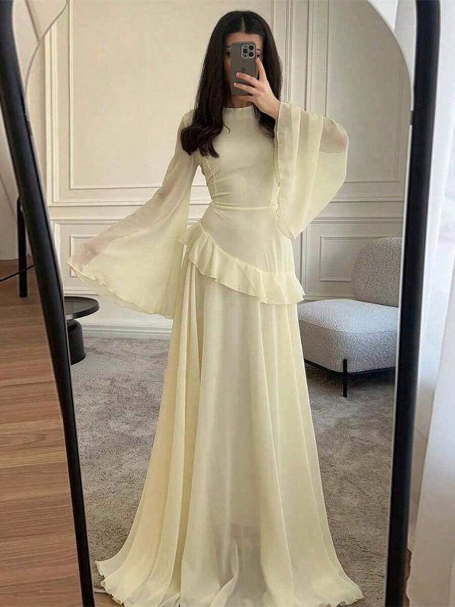 Summer Dresses For Women,Fashionable Slim-Fit Pure Desire Style High-End Round Neck Long Sleeve DressLoose And Comfortable Vestidos Elegantes De Mujer - 淡黃色 - 查看 1
