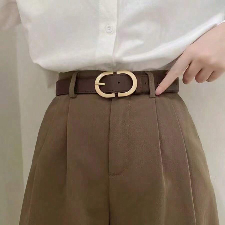 1 pieza Cinturón de moda de mujer talla grande de color café con hebilla de PU con letra D doble, regalo para la novia