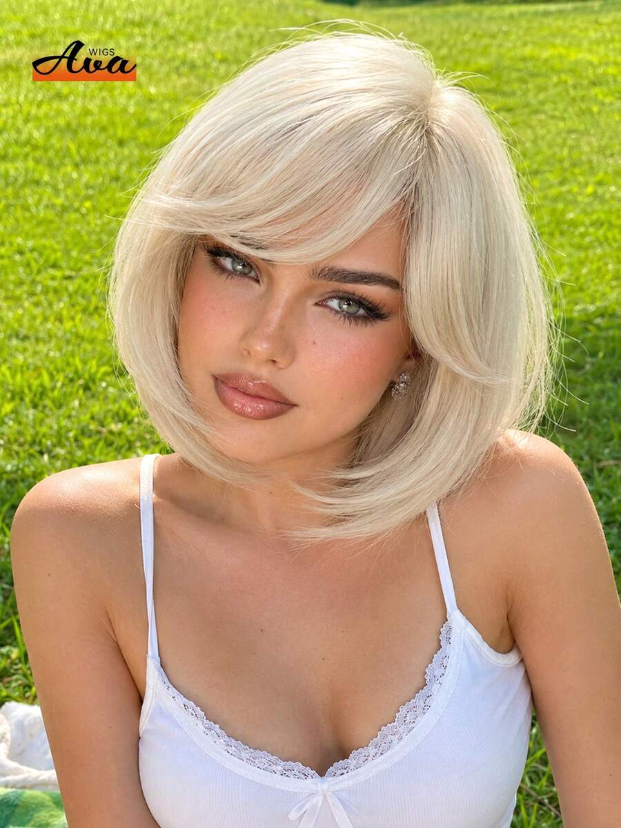 10 Inch Short Straight Bob Wig, Golden Color Highlights With Dark Roots, Suitable For Daily Makeup And Parties, High-Temperature Fiber Synthetic Hair - Blonde Ombre - View 1