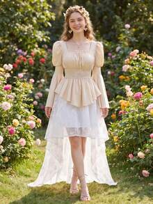 Women's Renaissance And Victorian Gothic-Style Two-Piece Set: Long-Sleeve Square-Neck Blouse And A Pirate-Style Top Paired With A Long, High-Waisted Skirt Featuring An Asymmetrical Hem. - Apricot + White - View 4