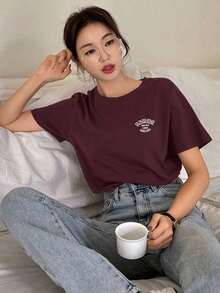 Camiseta De Manga Corta Con Estampado De Letras - Burdeos - Ver 6