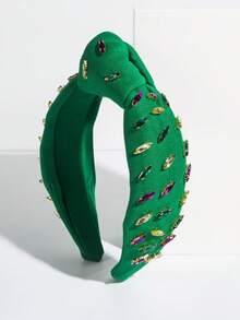 1pc Solid Color Fabric Headband, Fashionable , Handcrafted Colorful Gemstone Decor, Elegant Party Hair Accessory Hairband - FG698-green - View 5