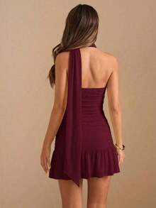 Vestido mini con volantes en el bajo, color amarillo sólido - Burdeos - Ver 2