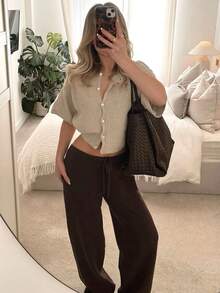 Women's Short Sleeve Knit Cardigan, Round Neck, Button Front, Regular Hem, Casual Top, Medium Stretch Fabric, Suitable For Summer And Spring Wear - Khaki - View 6