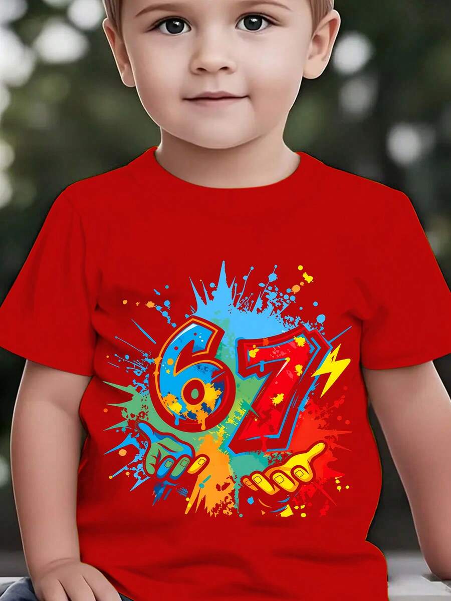Boys' Short-Sleeved T-Shirt, Summer Fashion, With Cartoon Print Of The Number 67 With Ink Splatters, Ideal For Casual Outdoor Activities, NY-DX9594 - 白色 - 查看 1