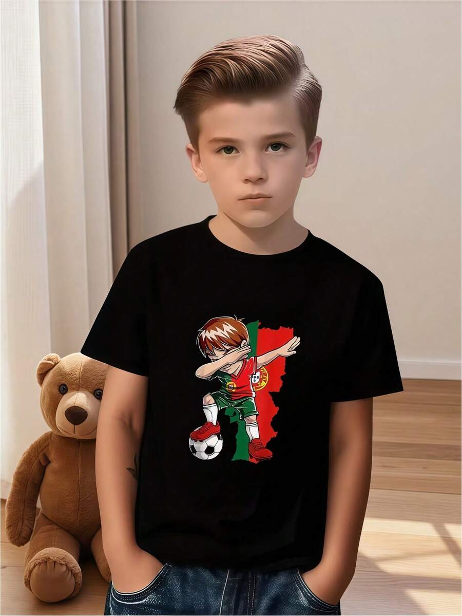 Portuguese Football Short-Sleeve T-Shirt With Dynamic Dance Design, Eye-Catching Top For School Outings At Home For Kids, A Great Gift For Football Fans, Portuguese Flag Print Football T-Shirt, Comfortable And Skin-Friendly Short Sleeves, A Stylish Football Gift For Dual Use At Home And Outdoors - 黑色 - 查看 1