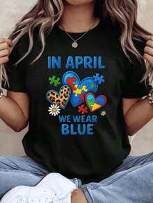 Fashion 1 Piece: In April, We Wore Blue Autism Awareness T-Shirts With A Heart, Diamond, And Leopard Print Design To Support And Promote Autism Awareness Month. Made Of 100% Cotton. Women's Simple Solid Color T-Shirt, Loose Fit, Casual Short Sleeve - 白色的 - 查看 6