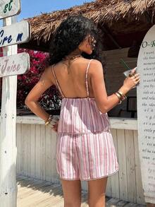Conjunto informal de 2 piezas de mujer en azul marino con lunares, incluye camiseta de tirantes y pantalones con estampado de lunares, adecuado para primavera, verano, vacaciones, hogar, festivales de música, vuelta al colegio, atuendos casuales - Rosa 2 - Ver 2