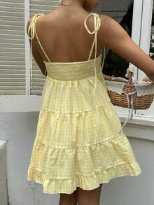 xheSunnyshic Vestido de mujer retro francés de cuadros rojos con tirantes finos, nuevo diseño de primavera temprana con encaje, favorecedora, versátil, dulce y elegante con capasxhe - Amarillo - Ver 2