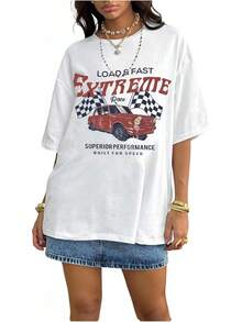 Y2K - Women's T-Shirts With Lip Print, Round Neck, Short Sleeve, Loose Fit And Versatile Shirt - White Car - View 6