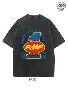 Racing Men's Printed T-Shirt, High Quality 230G Washed Cotton, Suitable For Retro Urban Wear And Outdoor Sports, Daily Wear, Comfortable And Breathable, 100% Cotton With Washed And Worn Finish, Attractive, Comfortable And Modern, Short Sleeve, It Is An Ideal Choice For Racing Enthusiasts. - 黑色 - 查看 2