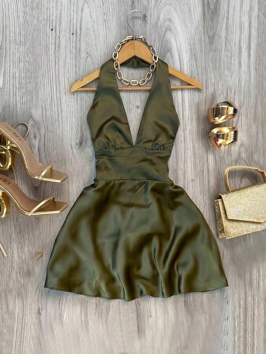 Vestido de satén con escote en V profundo y espalda abierta, elegante y sexy - Perfecto para primavera y verano, adecuado para vacaciones, fiestas y uso diario. - Multicolor - Ver 1