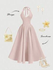 MOD Vestido de verano elegante de unicolor con escote halter y espalda descubierta para mujer - Rosa Pálido - Ver 3
