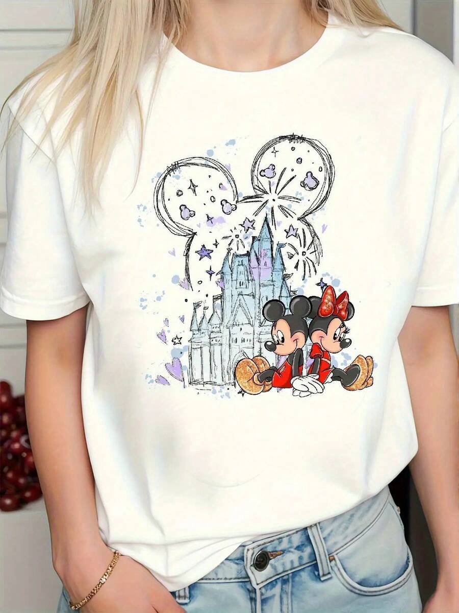 Disney Casual Printed T-Shirt For Women, Black Mickey And Minnie Mouse T-Shirt For Women – Officially Inspired By The Cinderella Castle And The Purple Floral Pattern, Soft Short-Sleeve Round-Neck T-Shirt For Birthday Party Outfits, Casual Wear, 100% Cotton - trắng - Xem 1