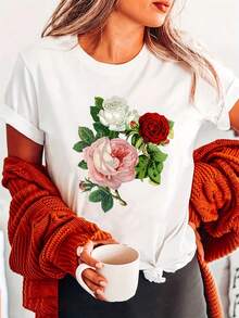 Women's T-Shirt With White Rose Floral Print - Short Sleeve, Round Neck, Casual Style With Red And Pink Flowers, Lightweight And Breathable Fabric, Machine Washable, Versatile Use For All Seasons, Semi-Transparent Material - 白色 - 查看 11