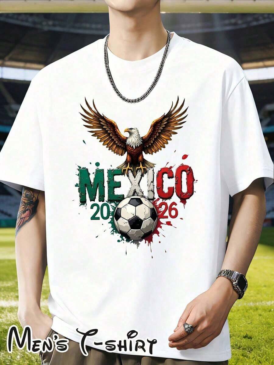 Talla Grande, Manga Corta,  [Estilo Popular con Licencia ] Camiseta de Manga Corta con Estampado de la Copa Mundial  2026 México y Águila "Estilo Guerrero", Estilo Latinoamericano, Moda Urbana, Apoyo a los Fans, Estilo Retro Águila Salvaje, Adecuada para Uso Diario, Fiestas, Cenas, Viajes y Salidas al Bar, Un Regalo para los Fans Mexicanos, 100% Algodón - Blanco - Ver 1