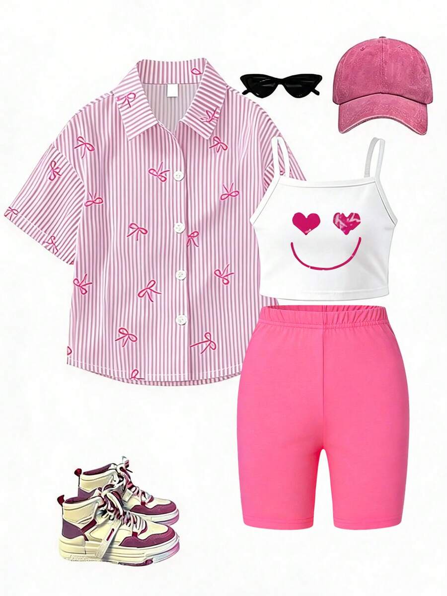 3pcs/Set Young Girls Casual Short Sleeve Shirt, Cami, Sports Shorts Summer Outfit - Multicolor - View 1
