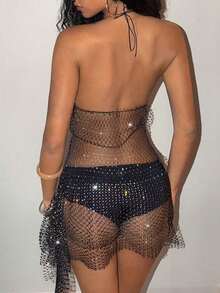 Jeanoir Vestido de fiesta de festival de música para mujer, vestido de red, transparente y brillante, adecuado para fiestas de vacaciones y reuniones de cumpleaños - Negro - Ver 2