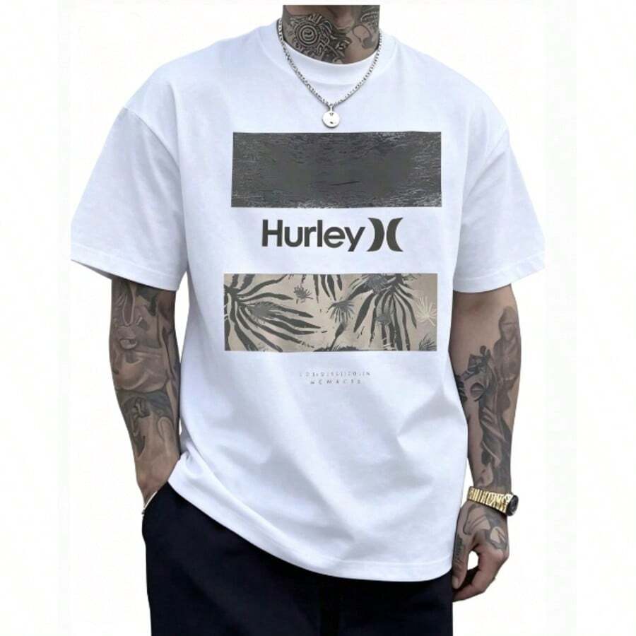 The 2026 Summer Pure Cotton T-Shirt Features A Tropical Design And The Hurley Logo, With Palm Leaf And Floral Patterns That Evoke - 白色 - 查看 1